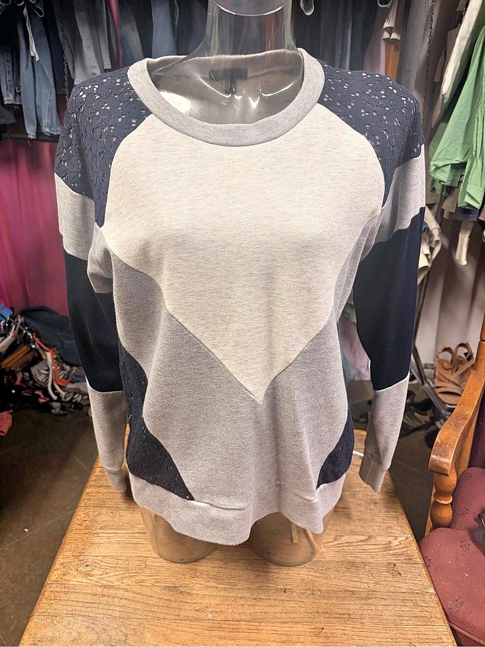J.Crew Colorblock Lace Sweatshirt Long Sleeve Top Gray & Black Medium
